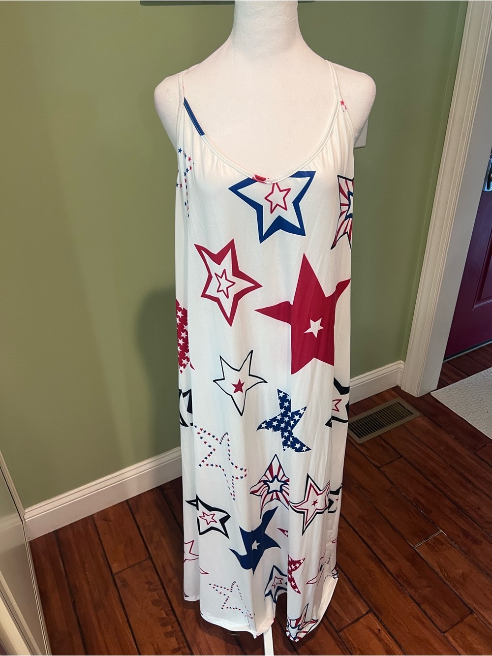 Sleeveless Star Print Maxi Dress - White with Red & Blue Stars